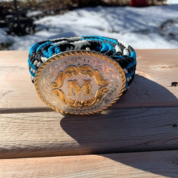 Vintage Montana Silversmiths Silver Engraved Gold Initial Buckle Braided Belt - Picture 10 of 13